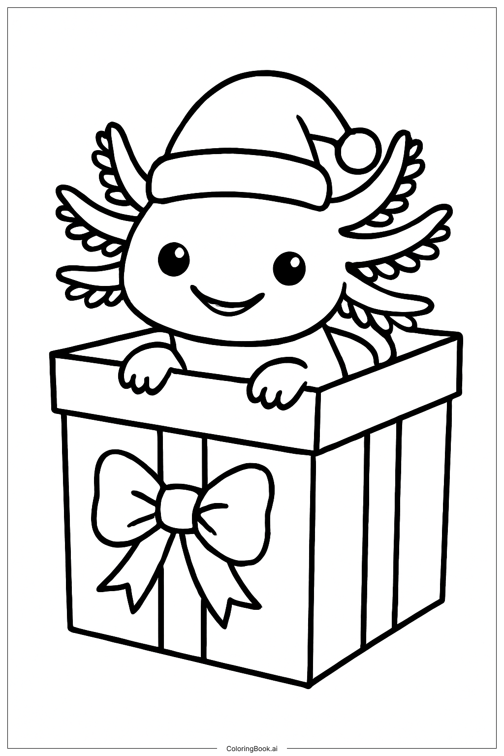  Page de coloriage Axolotl de Noël qui regarde depuis un cadeau 
