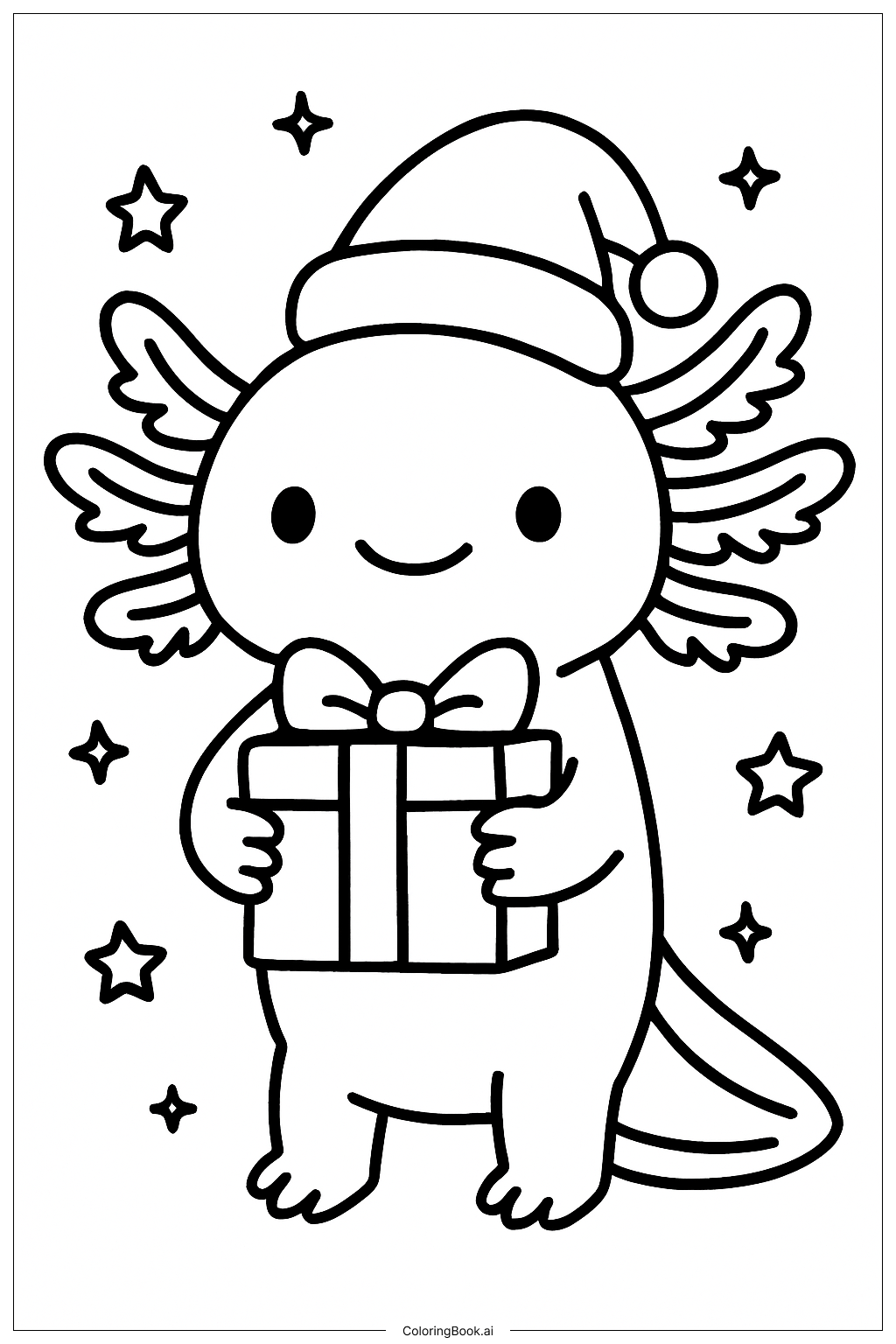  Page de coloriage Axolotl de Noël avec boîte cadeau 