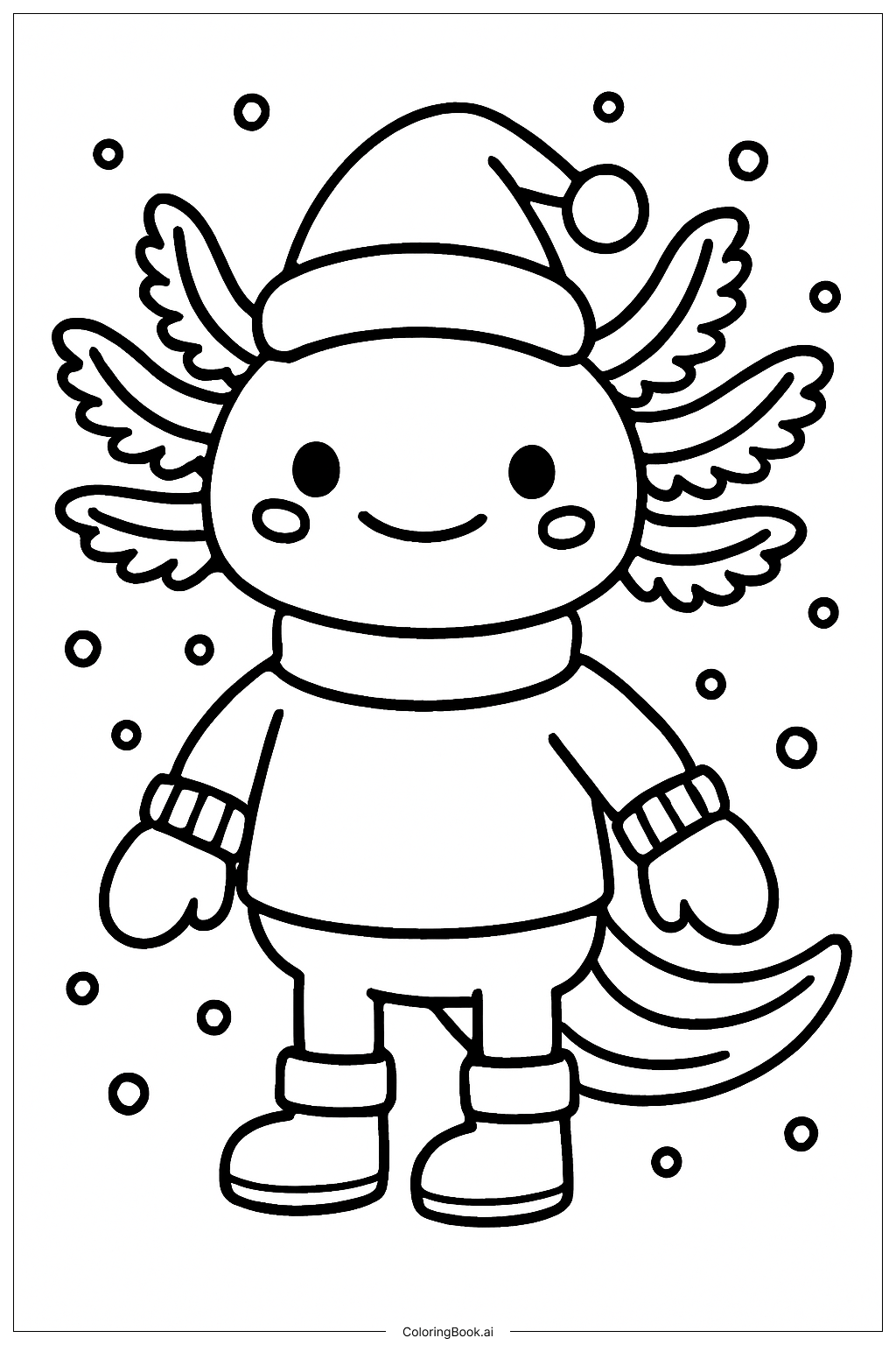  Page de coloriage Axolotl de Noël avec des moufles 