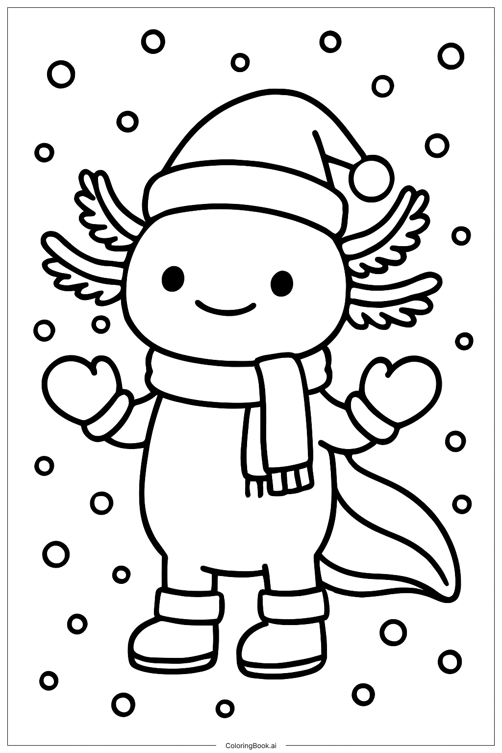  Page de coloriage Axolotl de Noël avec moufles 