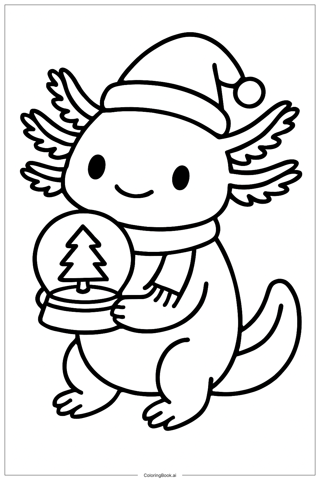  Page de coloriage Axolotl de Noël avec boule à neige 
