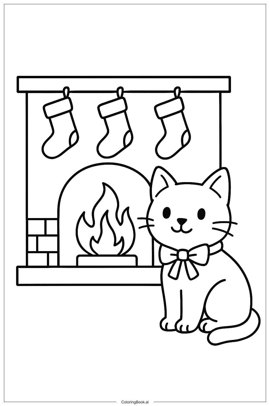  暖炉の前のクリスマスキャットの塗り絵ページ 