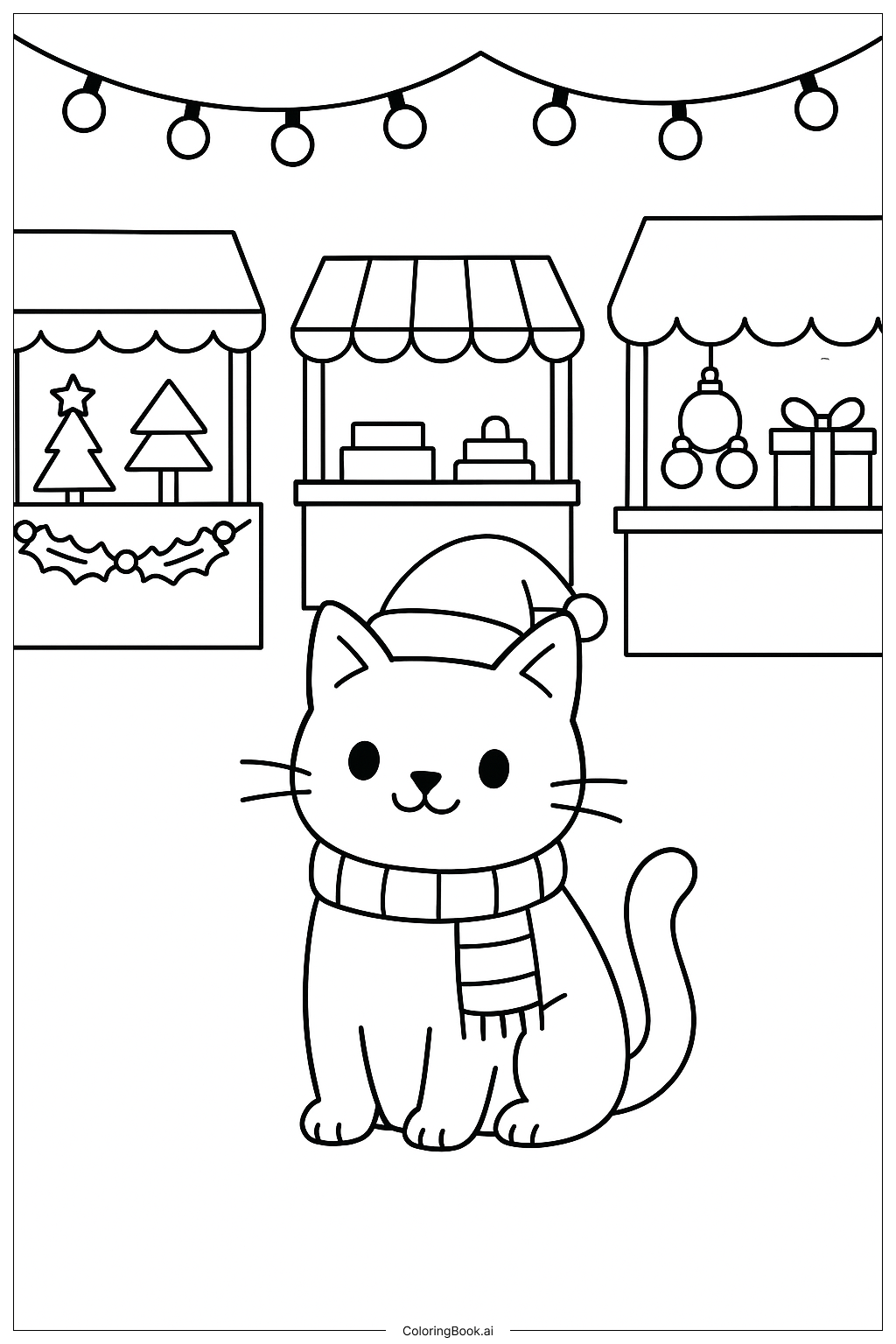  クリスマスの猫とホリデーマーケットの塗り絵ページ 