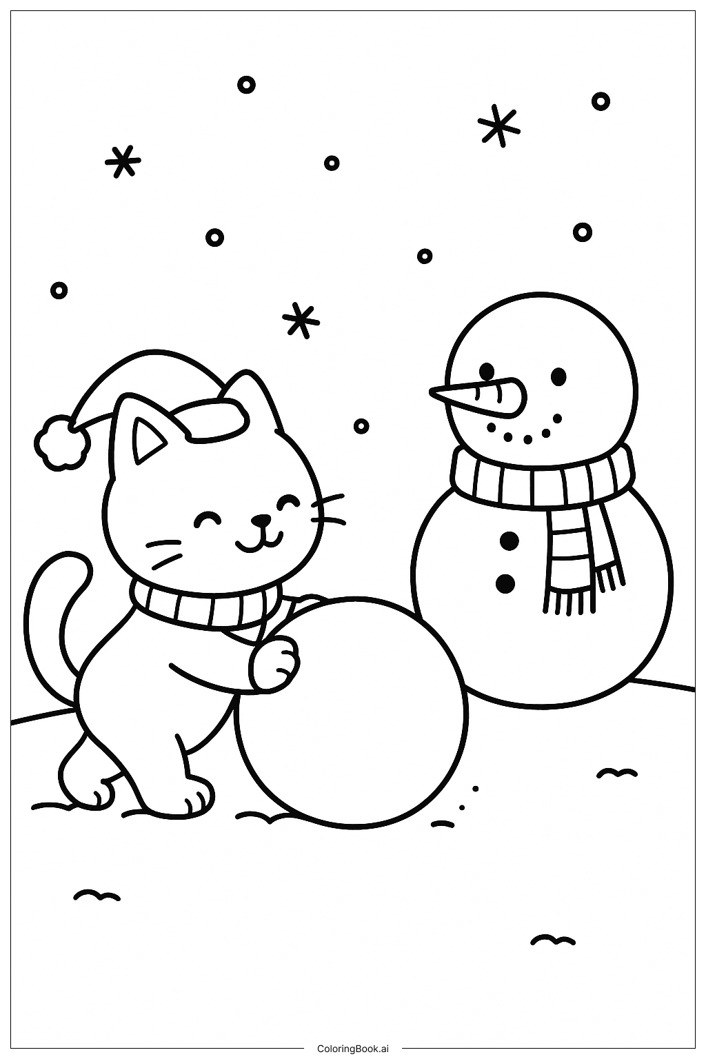  クリスマスキャットと雪だるま作りの塗り絵ページ 