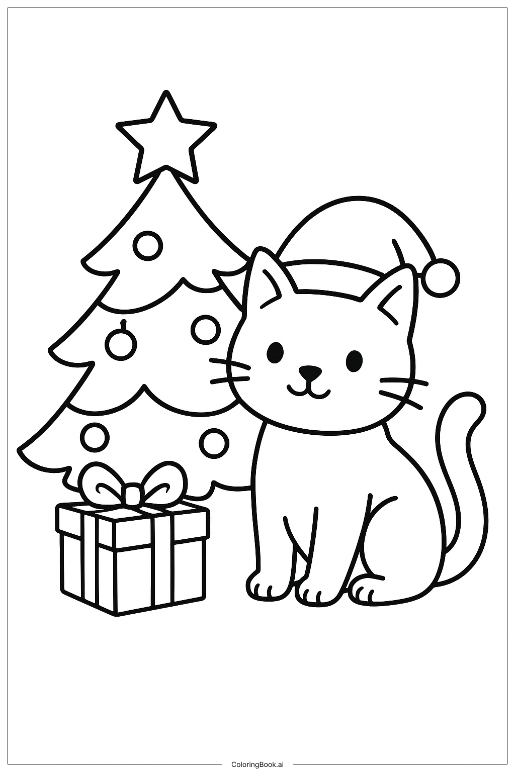  クリスマスツリーのそばのクリスマス猫の塗り絵ページ 