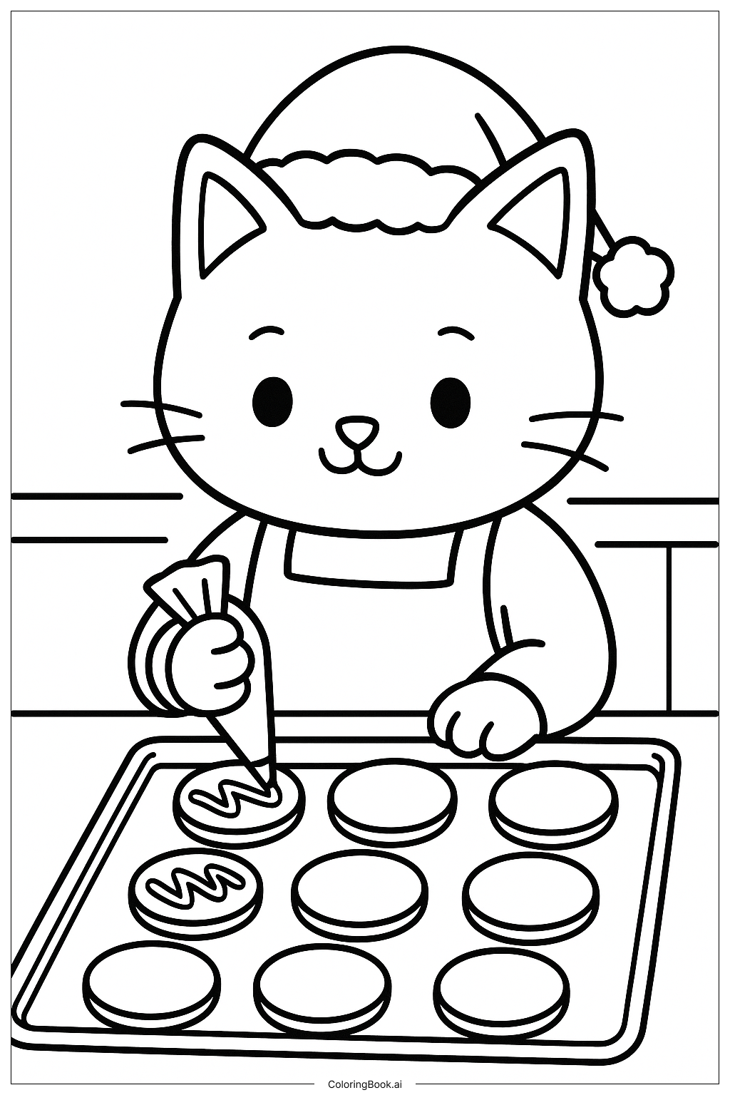  クリスマスの猫がクッキーを飾るの塗り絵ページ 