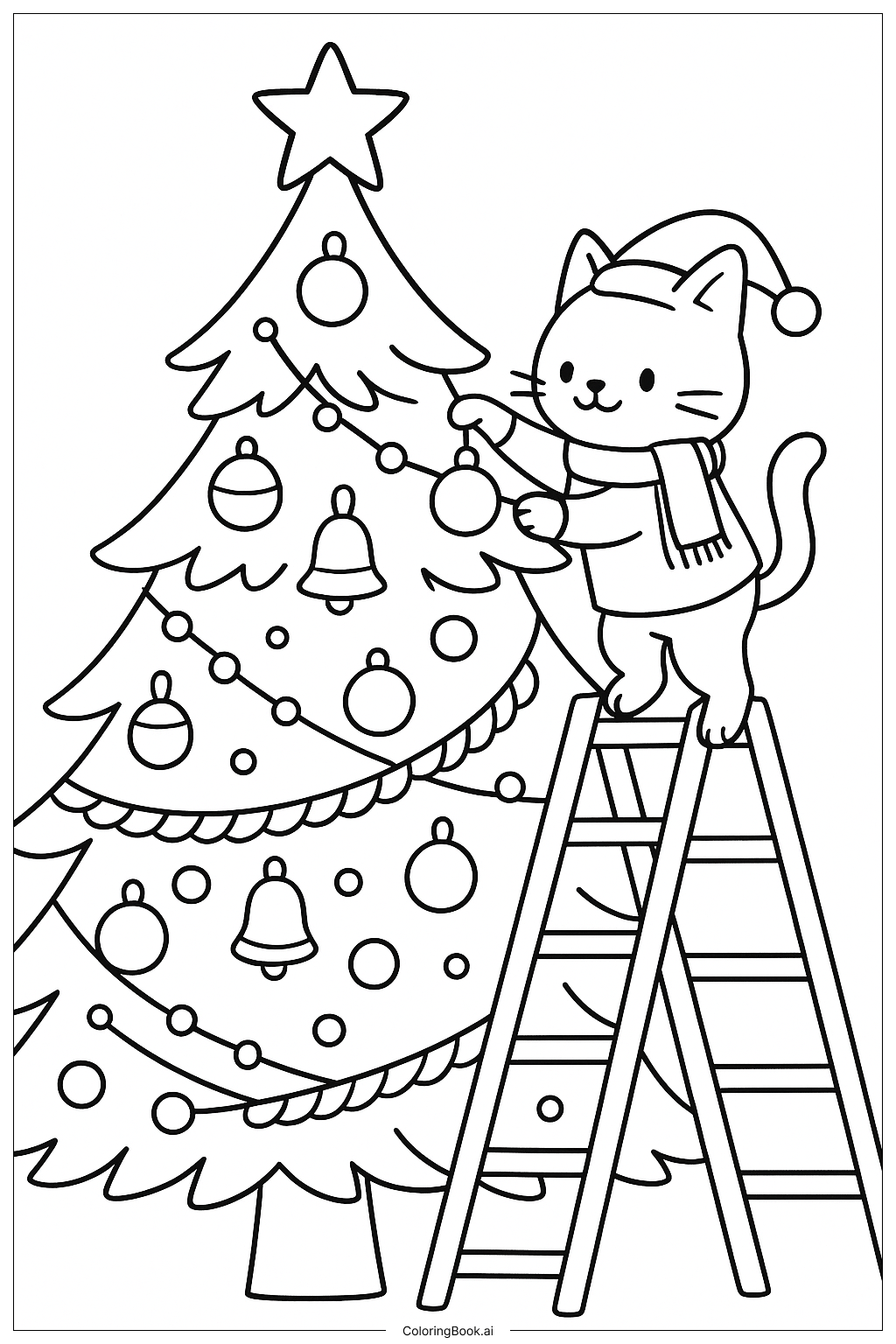  圣诞猫装饰大树填色页 