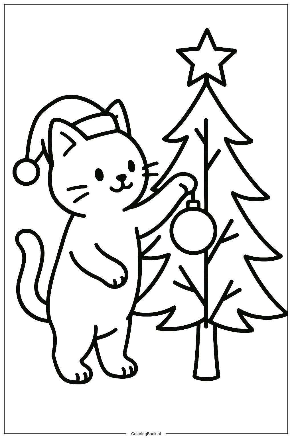  クリスマスの猫がツリーを飾るの塗り絵ページ 