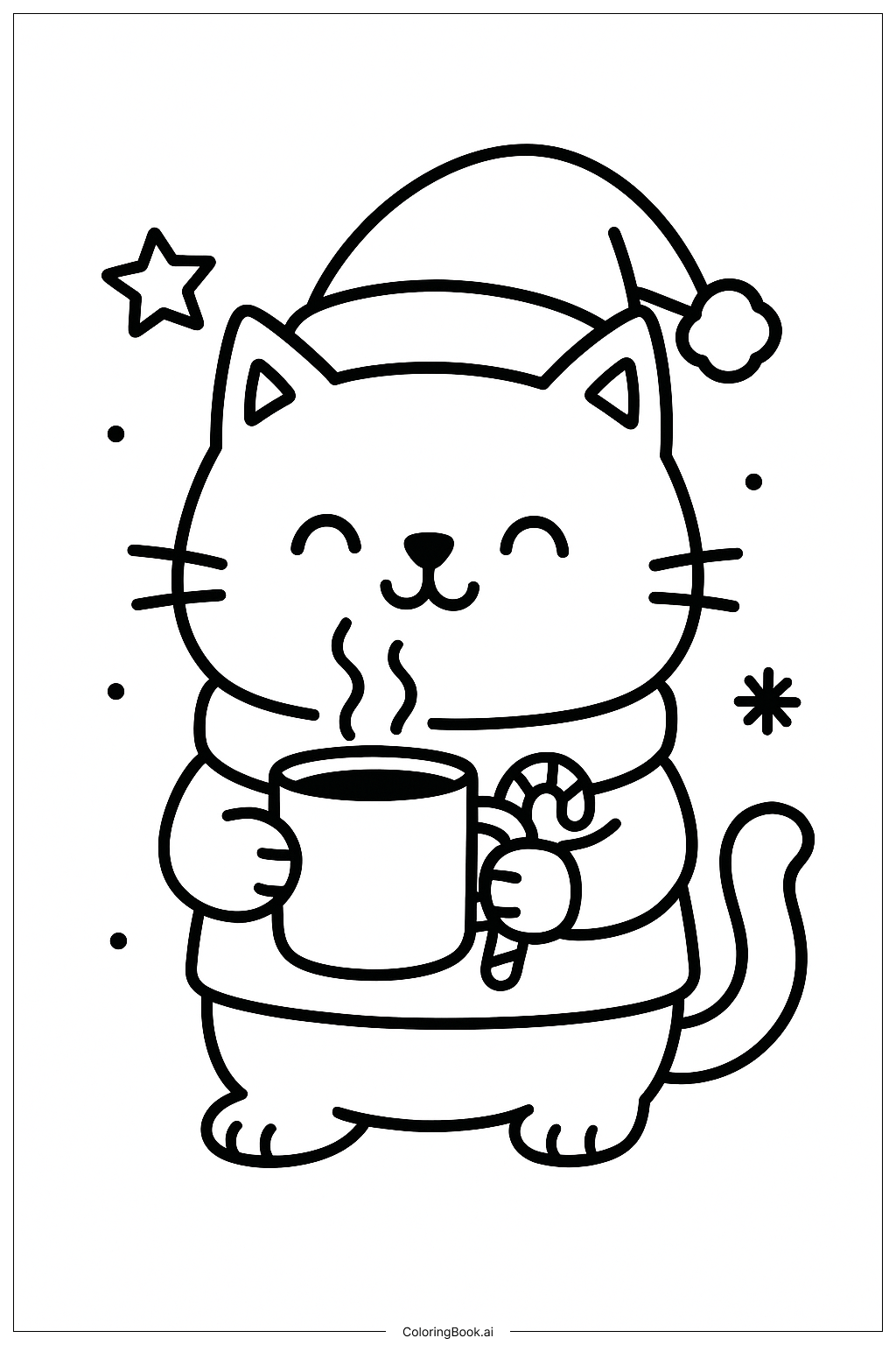  クリスマスの猫がホットココアを飲んでいるの塗り絵ページ 