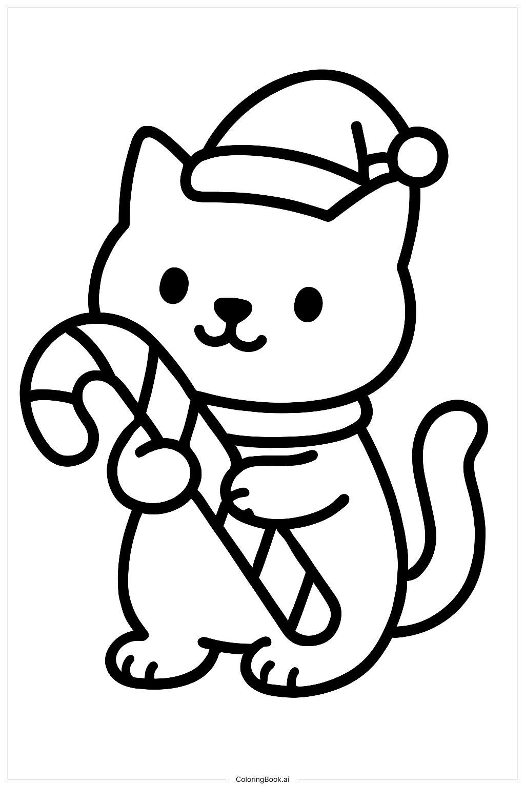  キャンディケインを持ったクリスマス猫の塗り絵ページ 