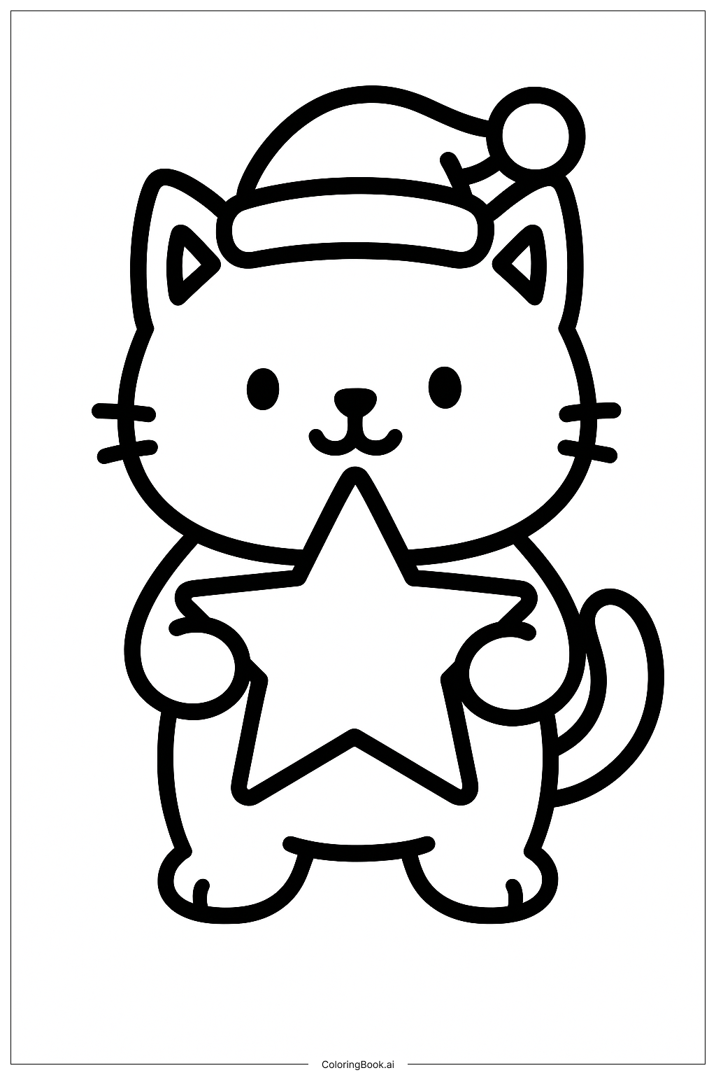  星を持ったクリスマス猫の塗り絵ページ 