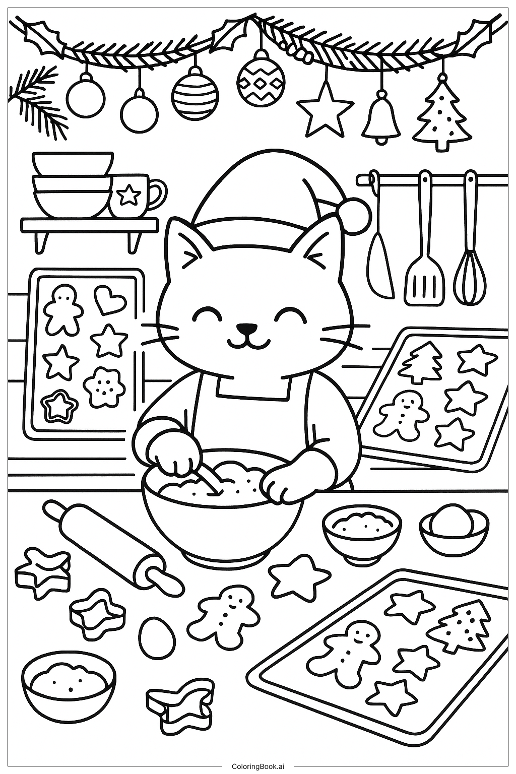  Página para colorear de Gato Navideño 