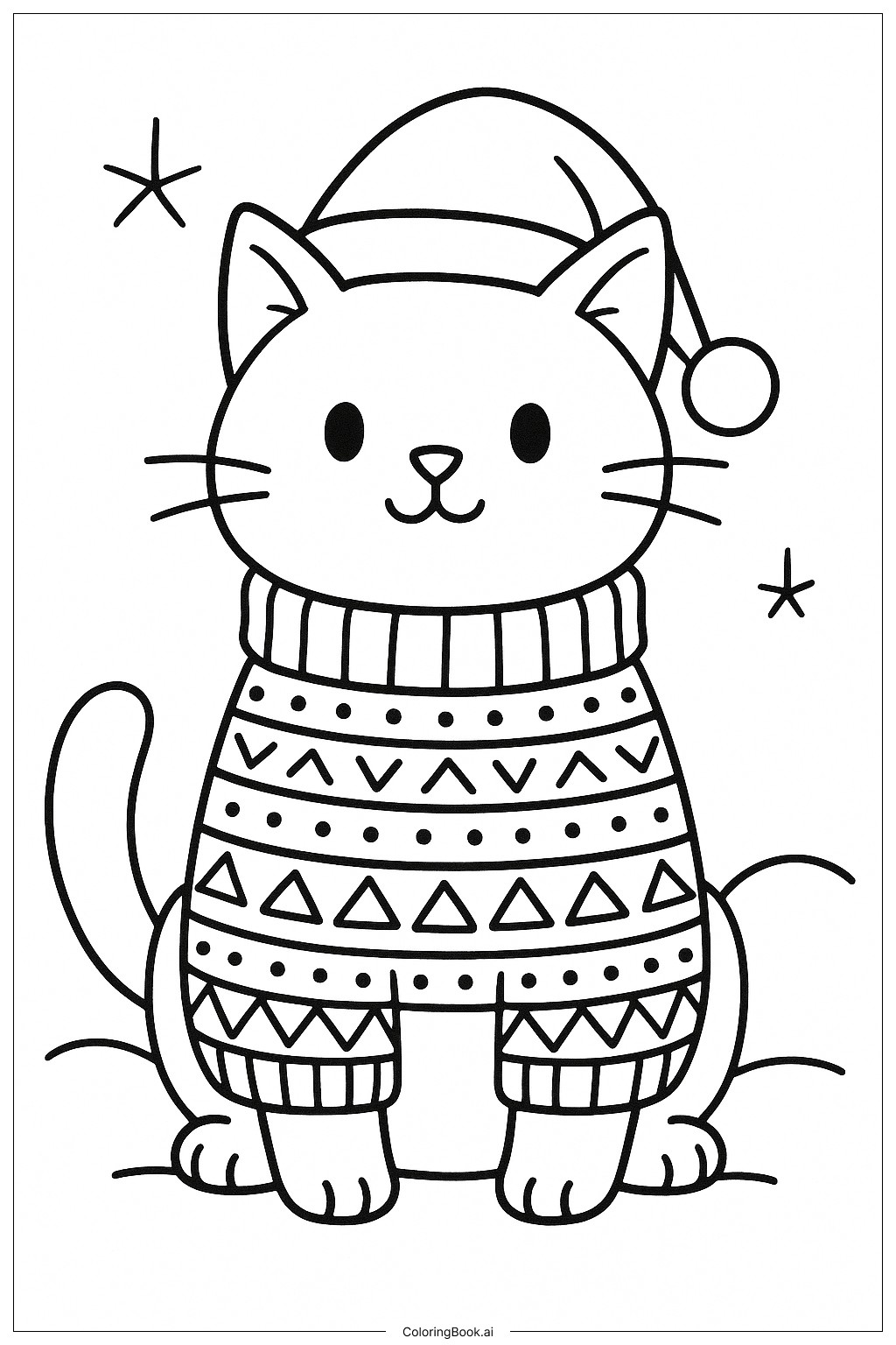  居心地の良いセーターを着たクリスマスの猫の塗り絵ページ 