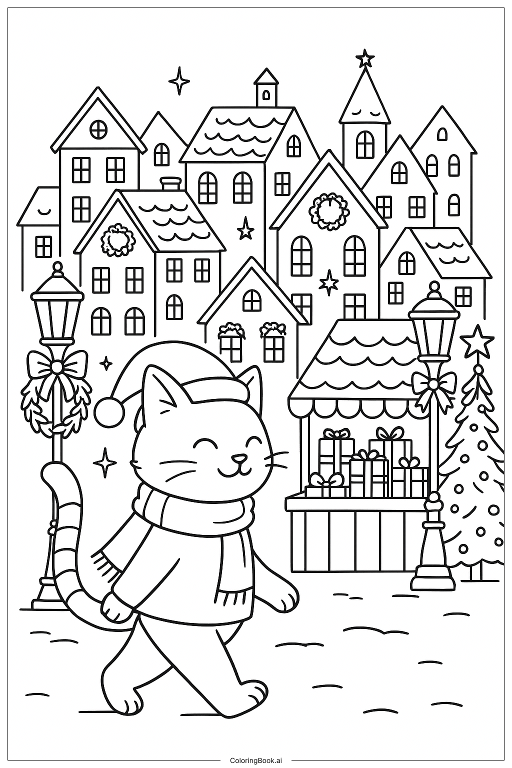  祝祭的な村の風景にいるクリスマスの猫の塗り絵ページ 