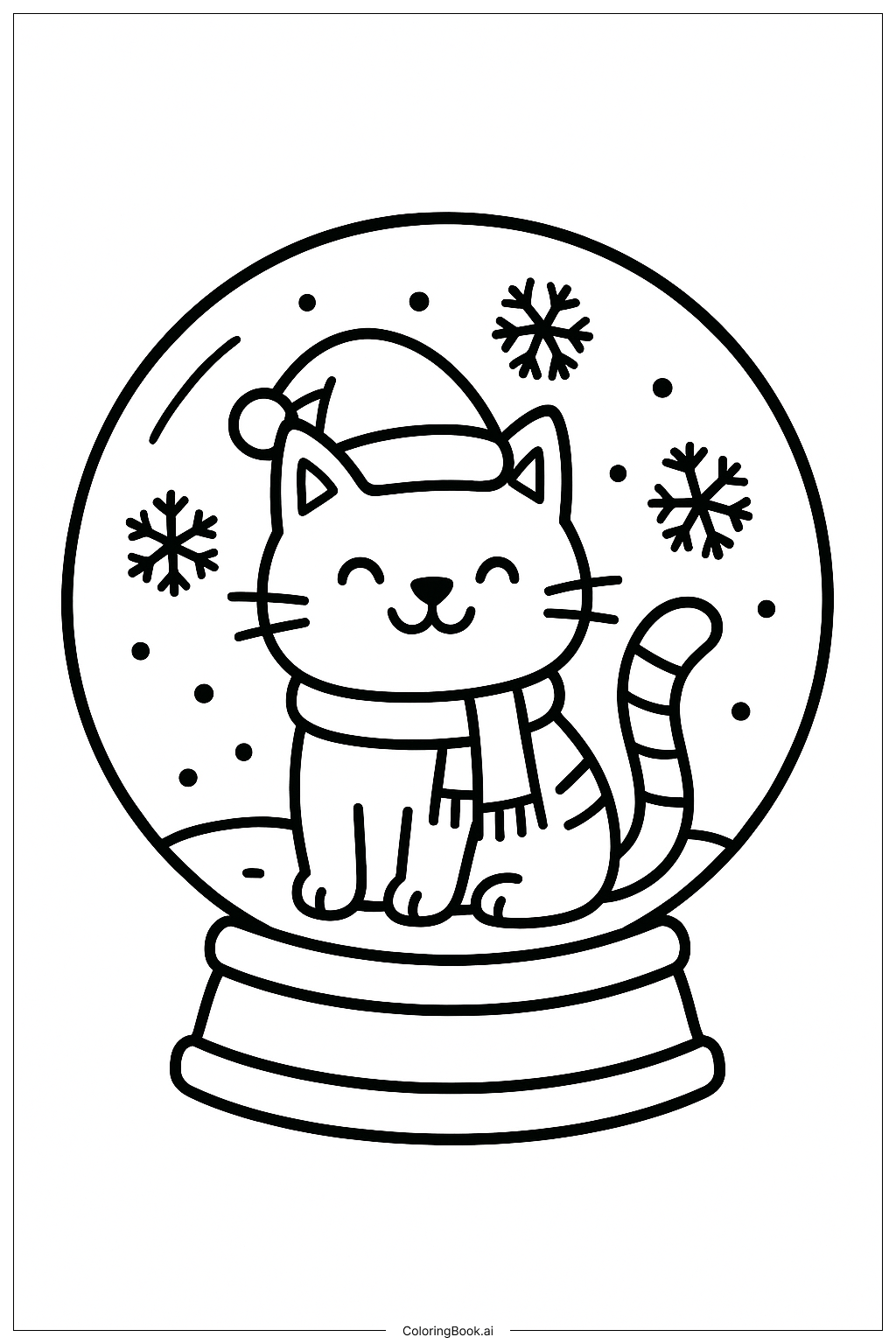  雪だるまの中のクリスマス猫の塗り絵ページ 