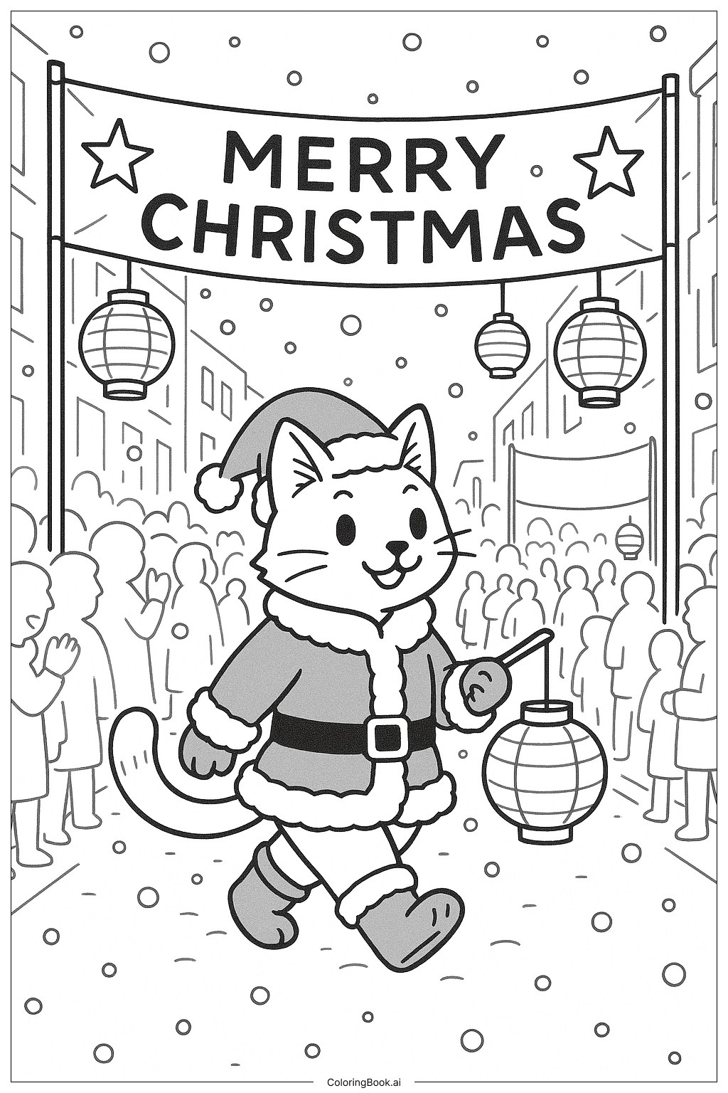  雪中圣诞猫街头游行填色页 