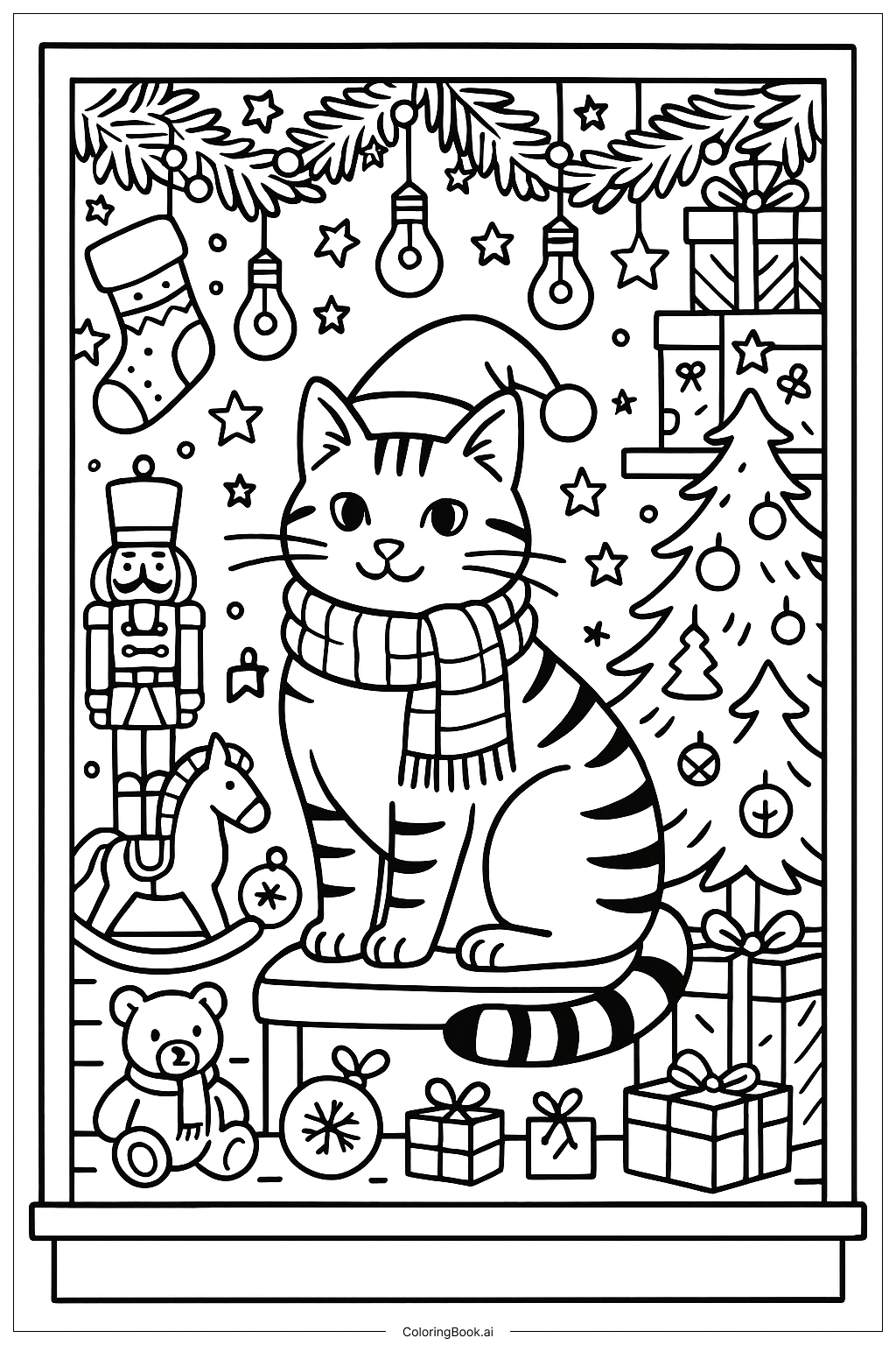  冬の窓辺にいるクリスマスの猫の塗り絵ページ 