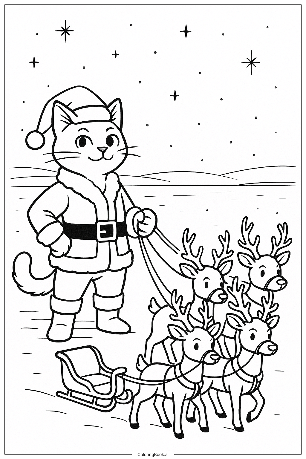  クリスマスキャットがそりのチームを率いるの塗り絵ページ 