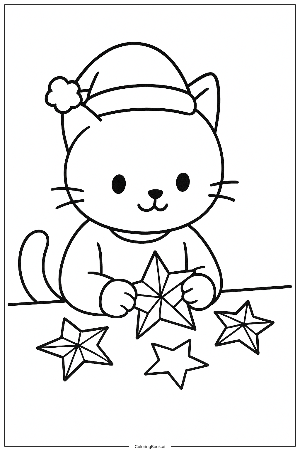  圣诞猫制作纸星星填色页 