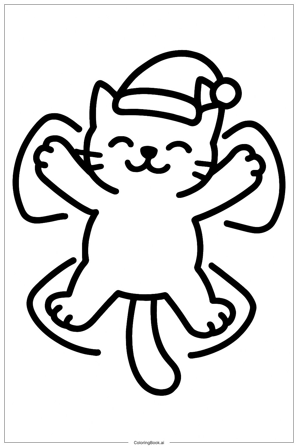  クリスマスの猫が雪の天使を作っているの塗り絵ページ 