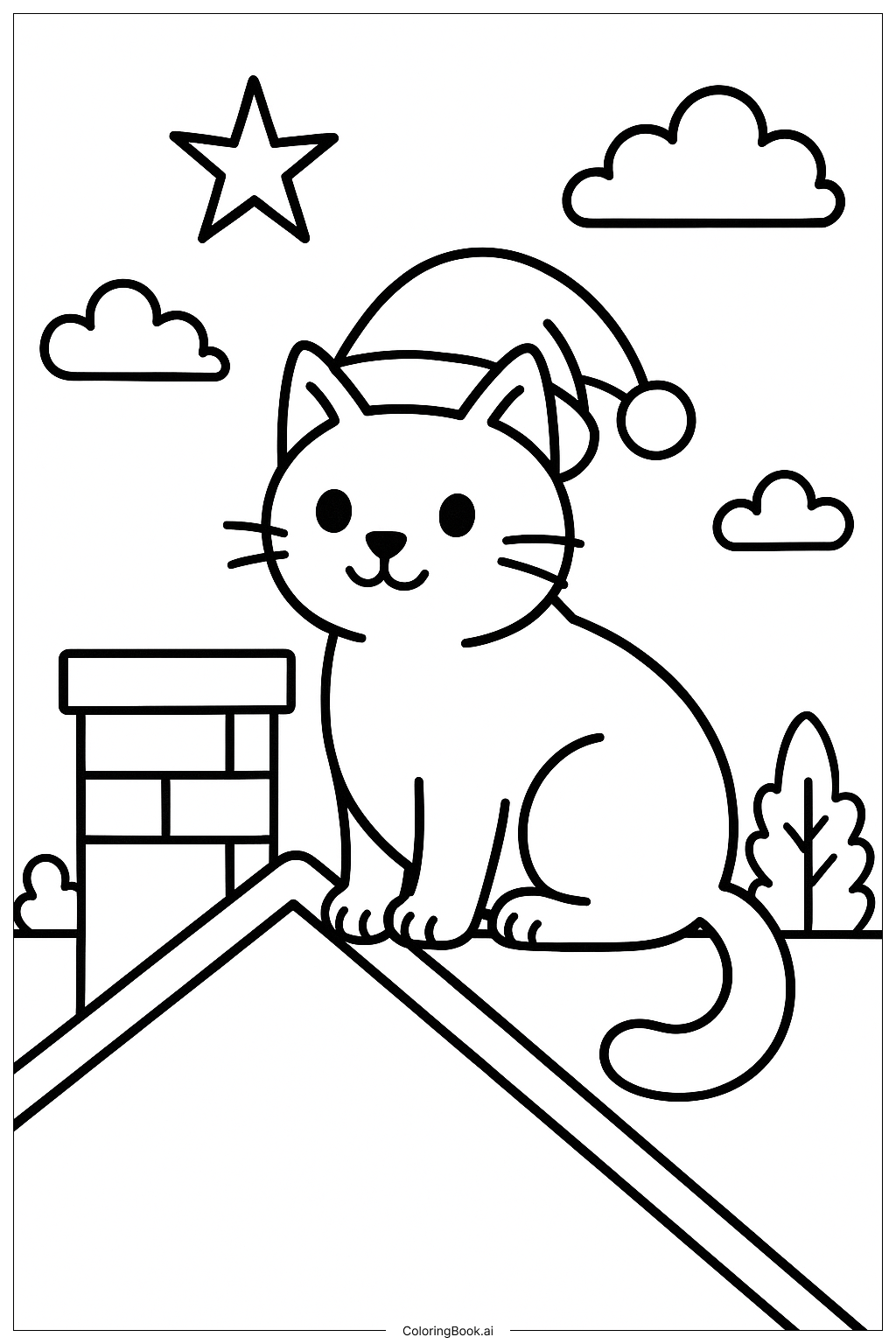  圣诞节烟囱屋顶上的猫填色页 