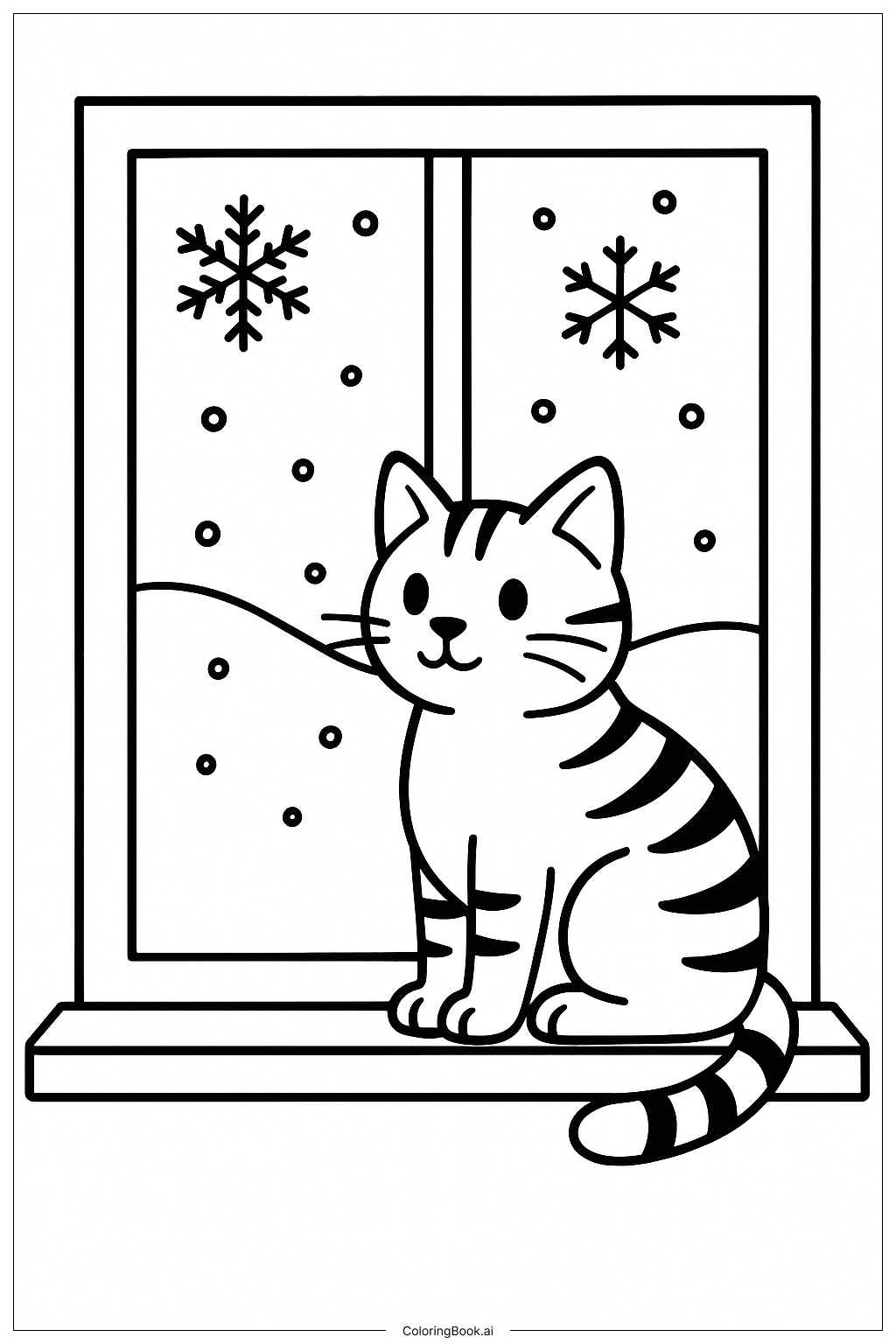  窓辺のクリスマス猫の塗り絵ページ 