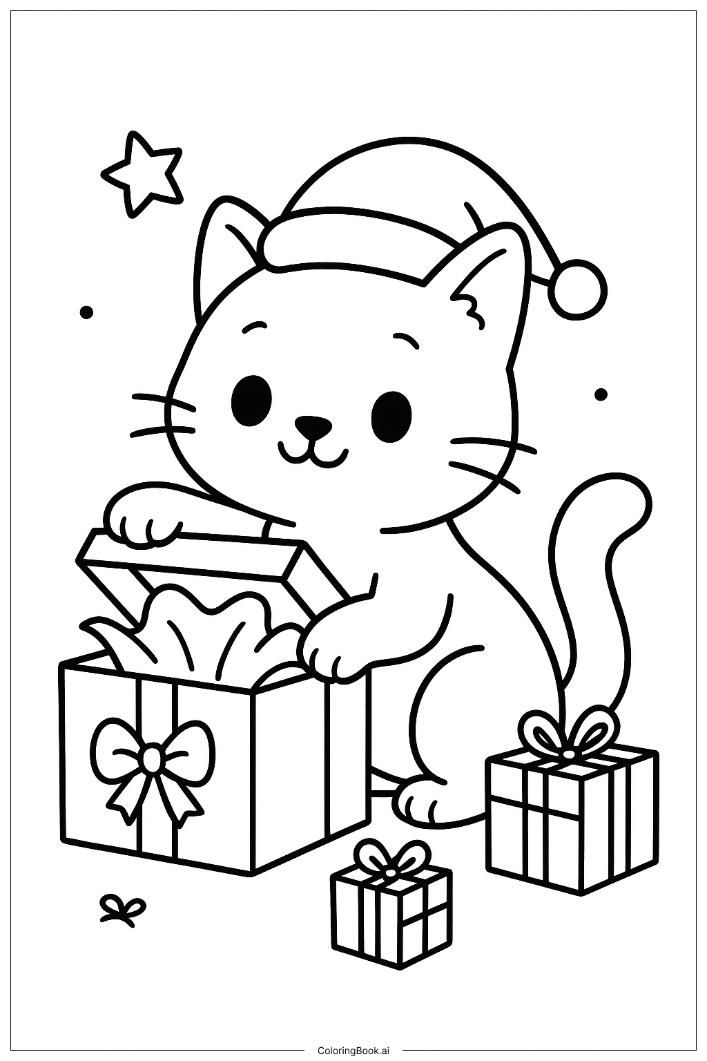  プレゼントを開けるクリスマスの猫の塗り絵ページ 