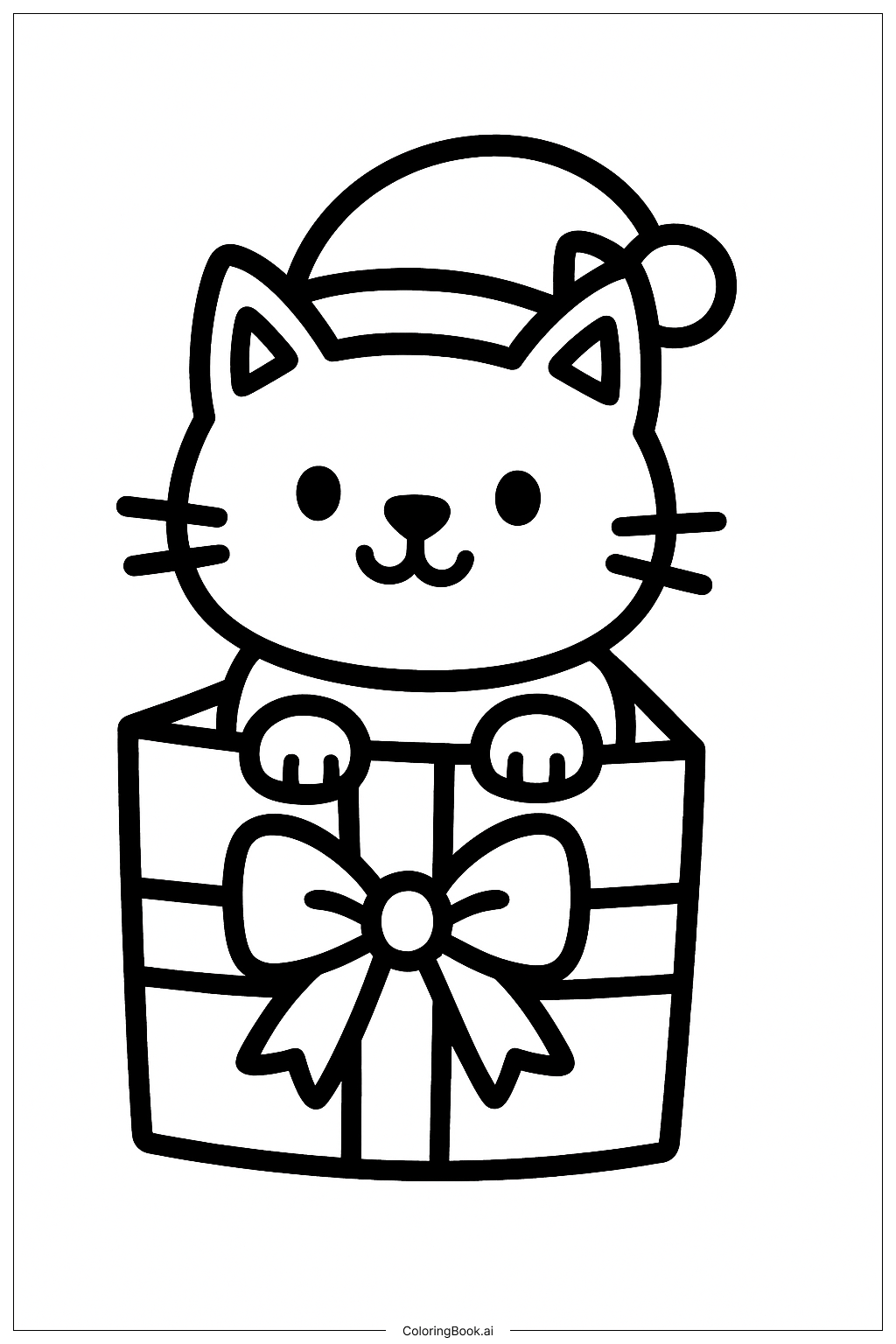  クリスマスプレゼントから顔をのぞかせる猫の塗り絵ページ 