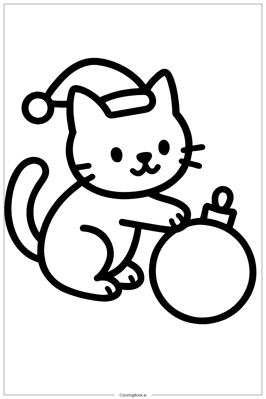  クリスマスの猫がボールで遊ぶの塗り絵ページ 