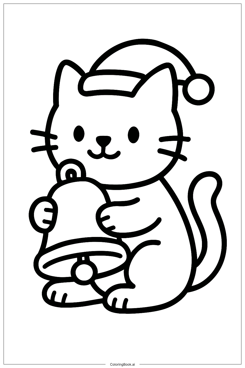  圣诞猫坐着拿铃铛填色页 