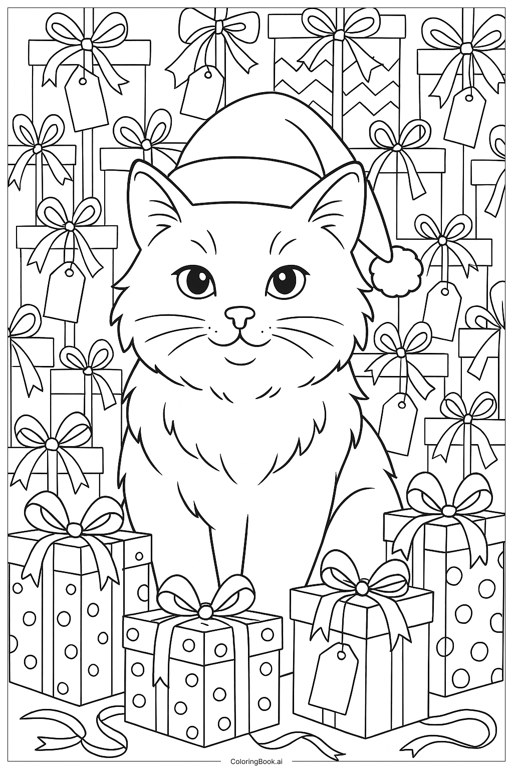  プレゼントに囲まれたクリスマス猫の塗り絵ページ 