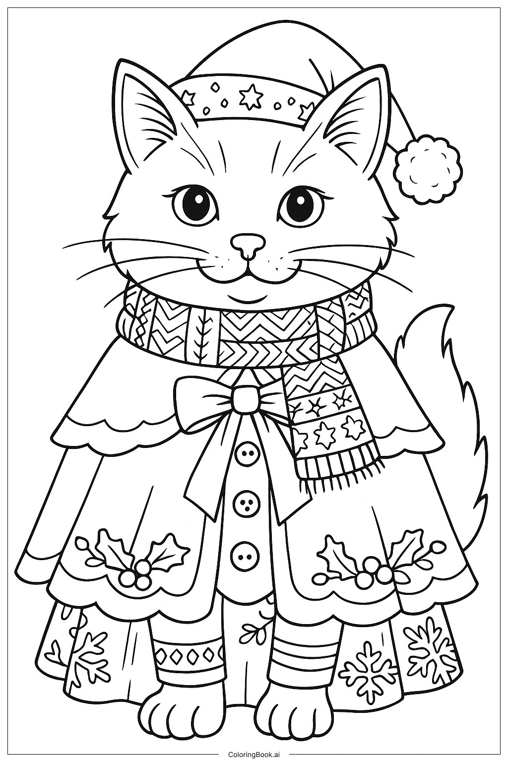  穿着节日服装的圣诞猫填色页 