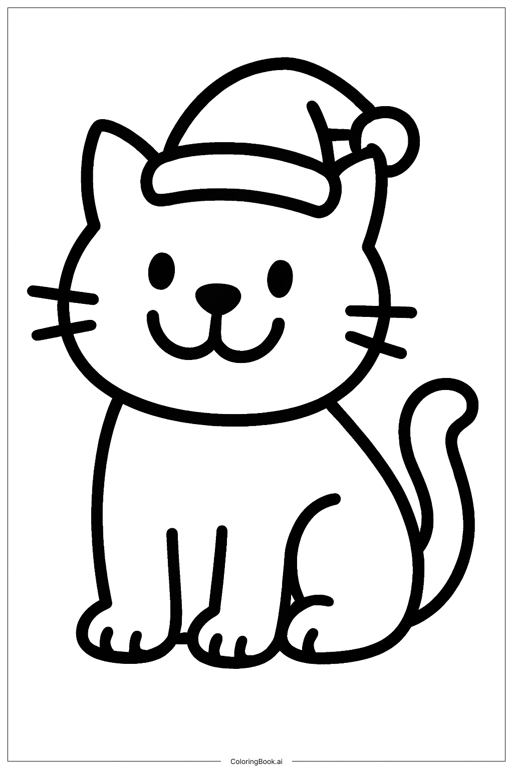  大きな笑顔のクリスマス猫の塗り絵ページ 