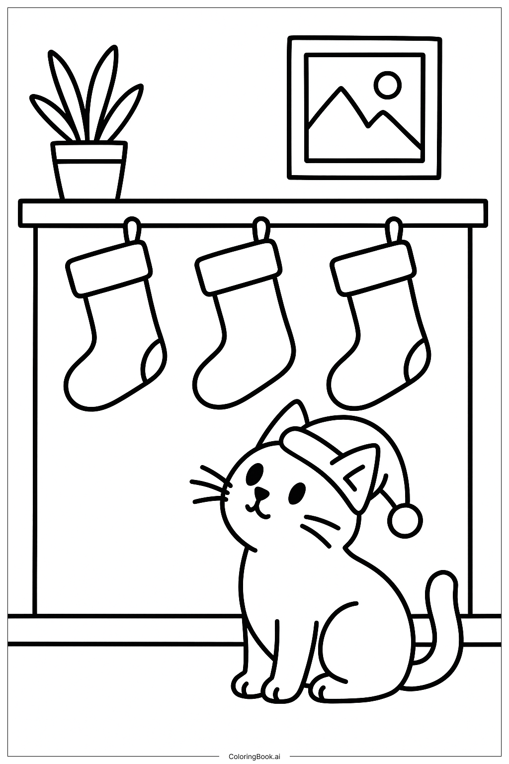  クリスマスの靴下と猫の塗り絵ページ 