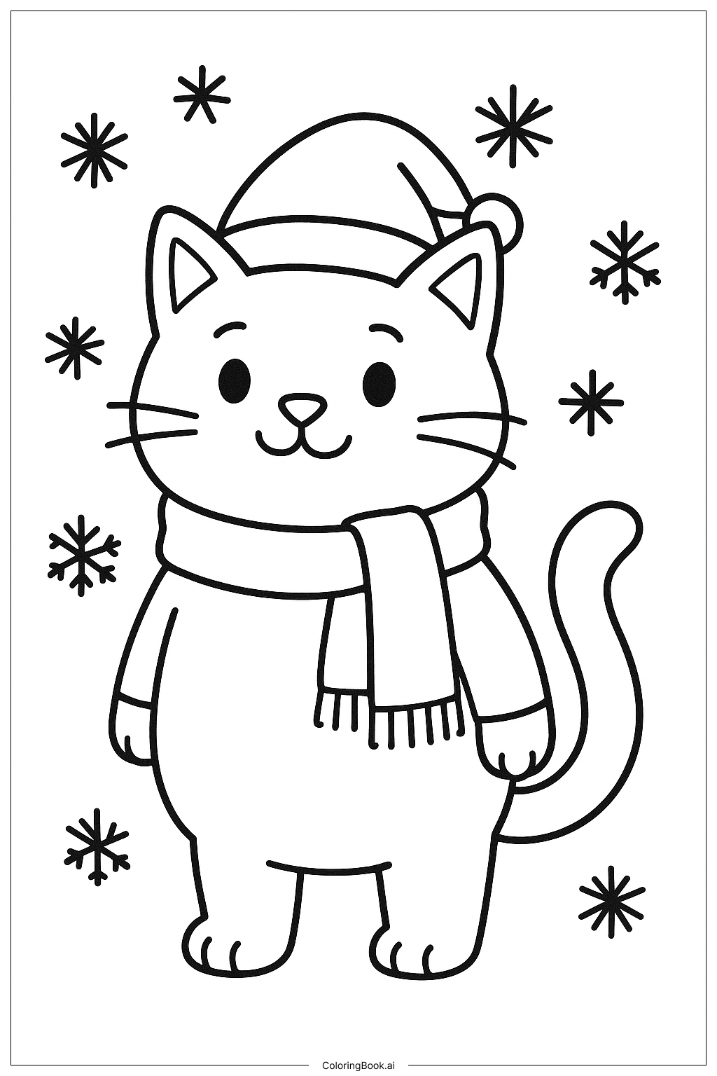  雪が降るクリスマス猫の塗り絵ページ 