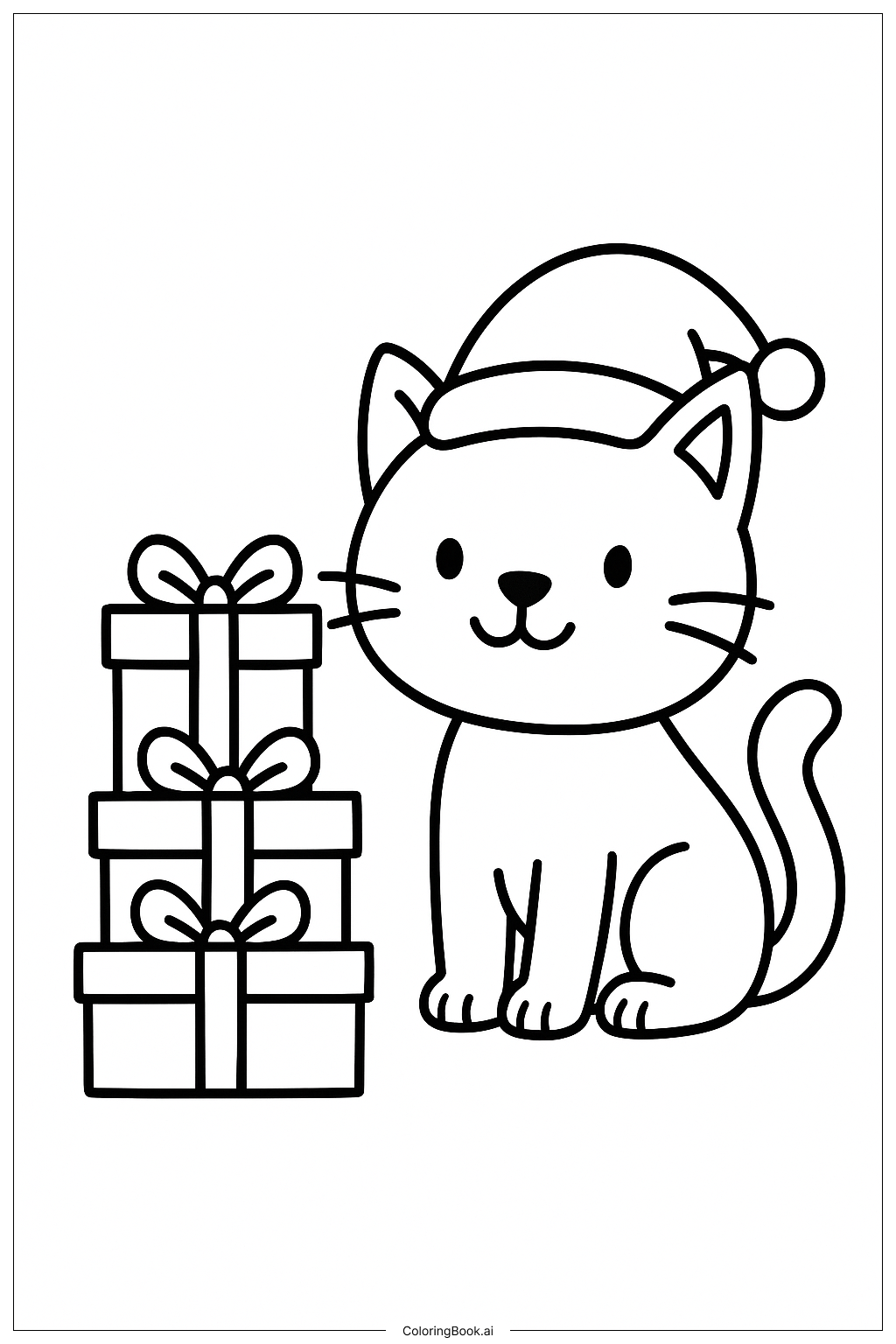  圣诞节礼物堆旁的猫填色页 