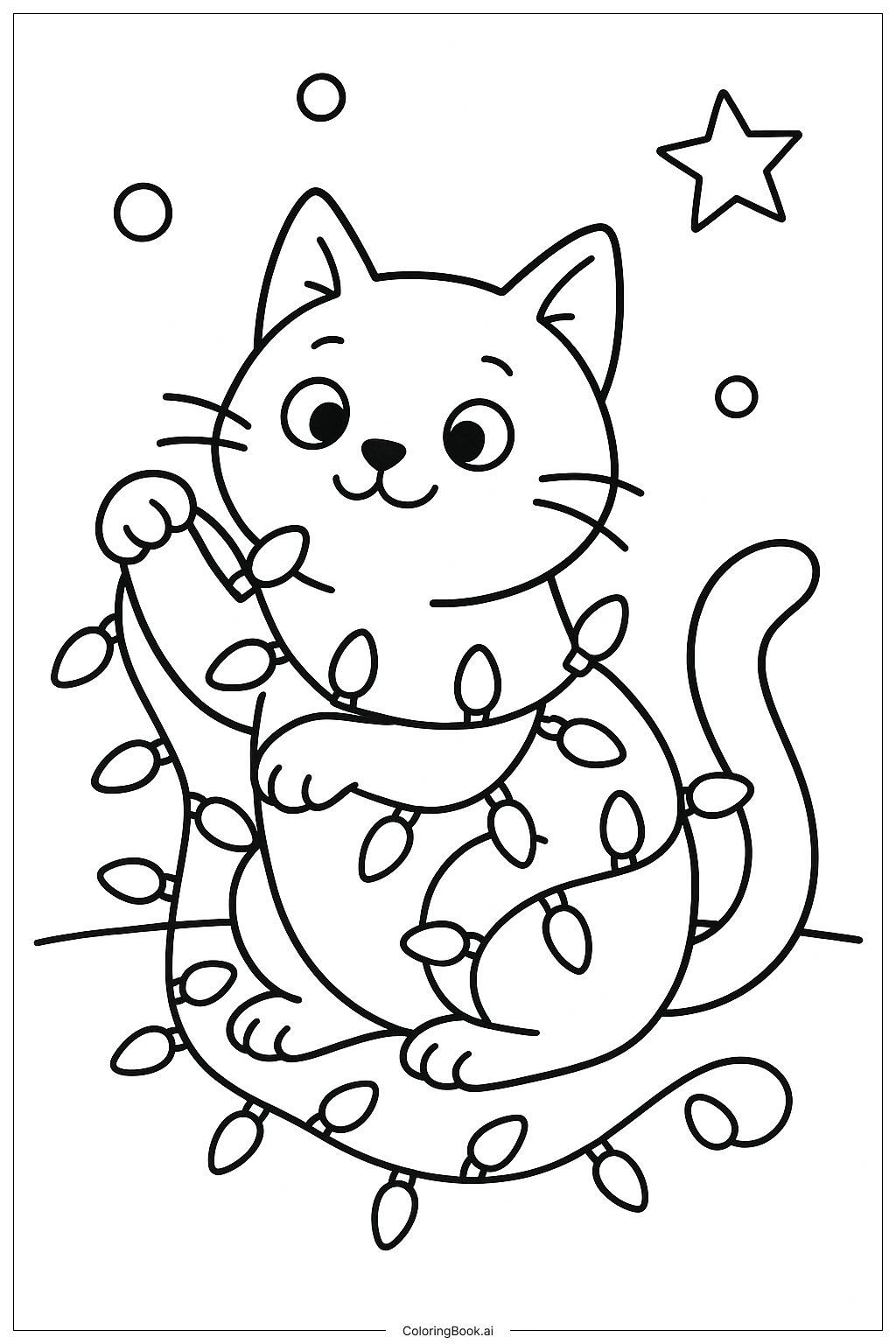 ホリデーライトをまとったクリスマスの猫の塗り絵ページ 