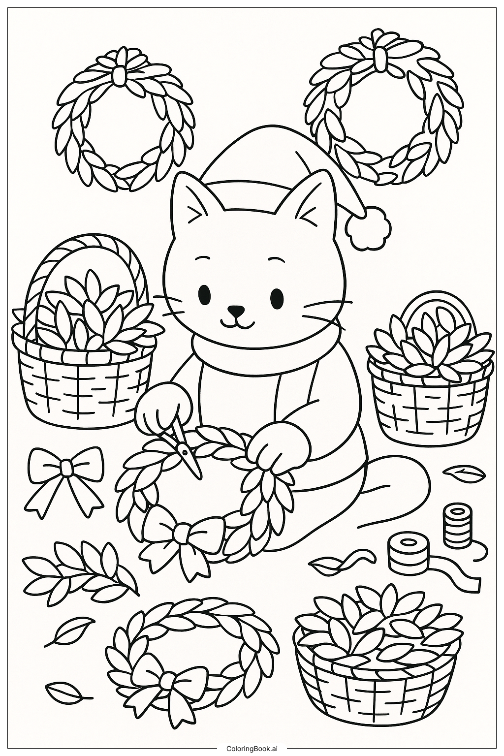  圣诞猫和节日花环工作坊填色页 