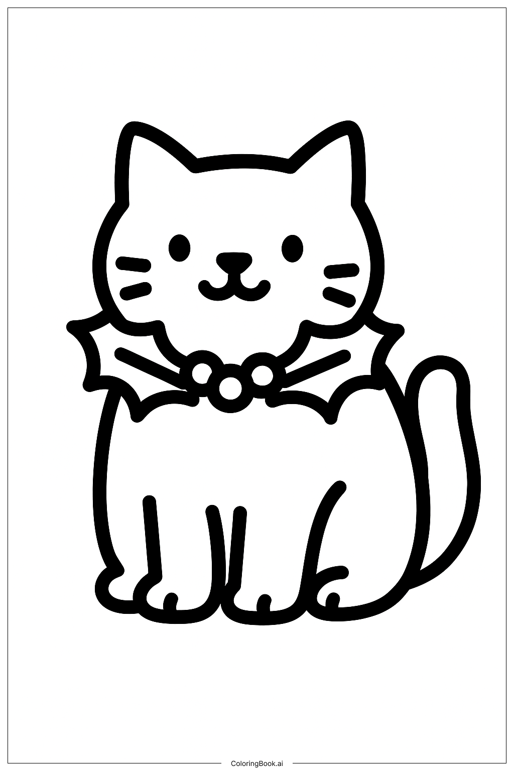  クリスマスの猫とヒイラギのリースの塗り絵ページ 