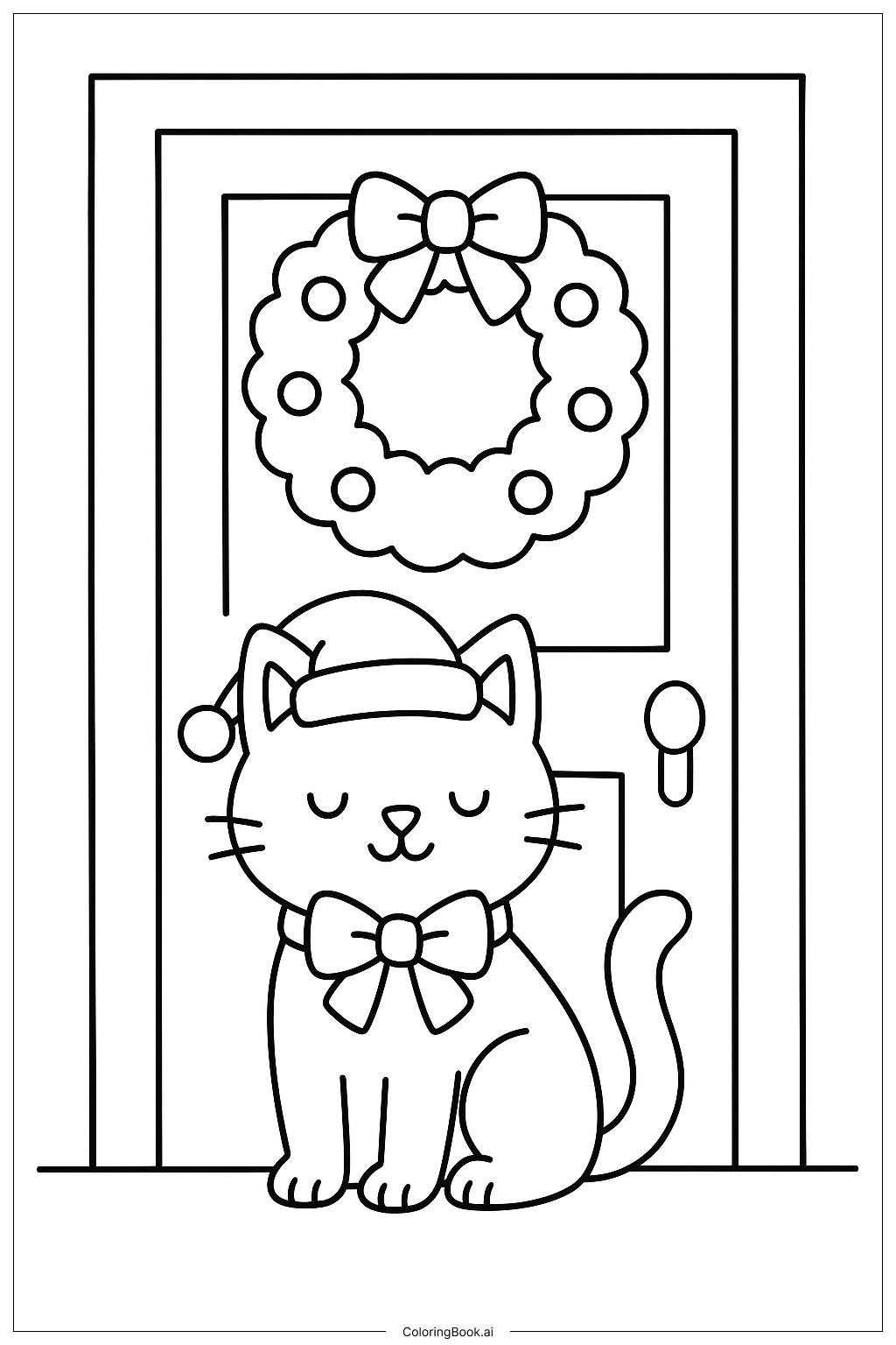  リースのあるクリスマス猫のドアの塗り絵ページ 