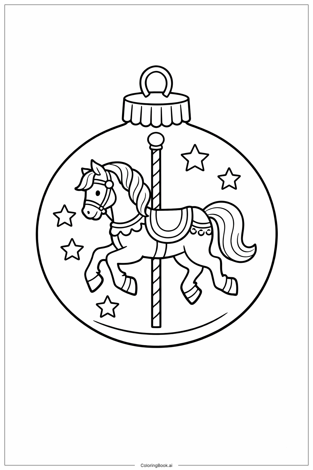 Page de coloriage Cheval de carrousel boule de Noël