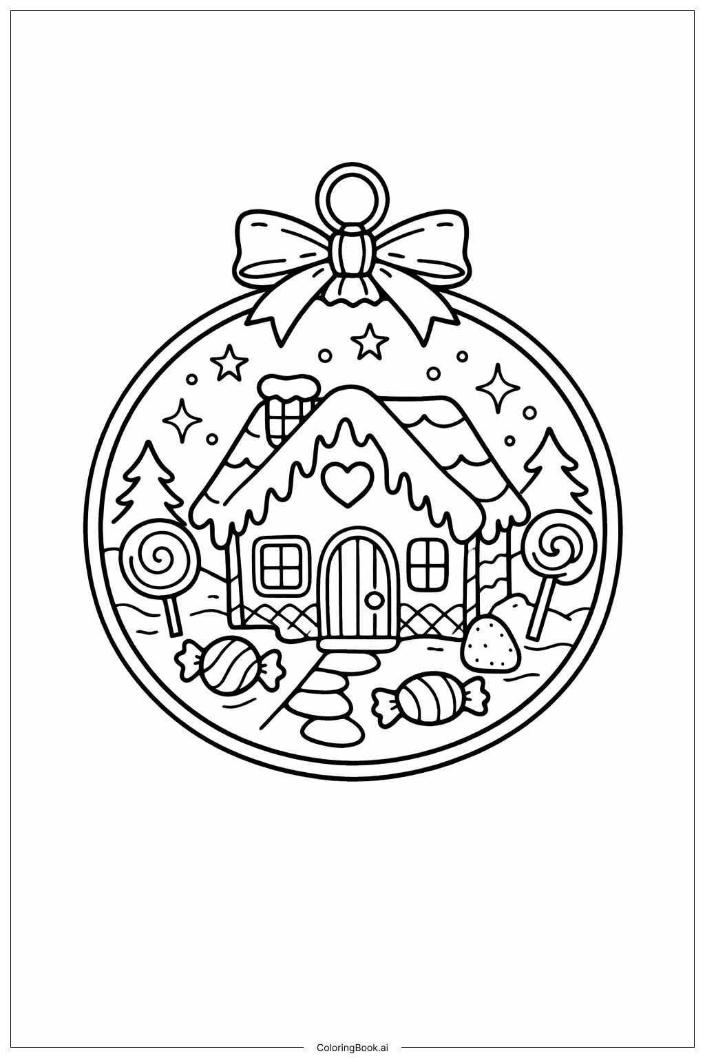Page de coloriage Décor de Noël Scène Maison en Pain d'Épices