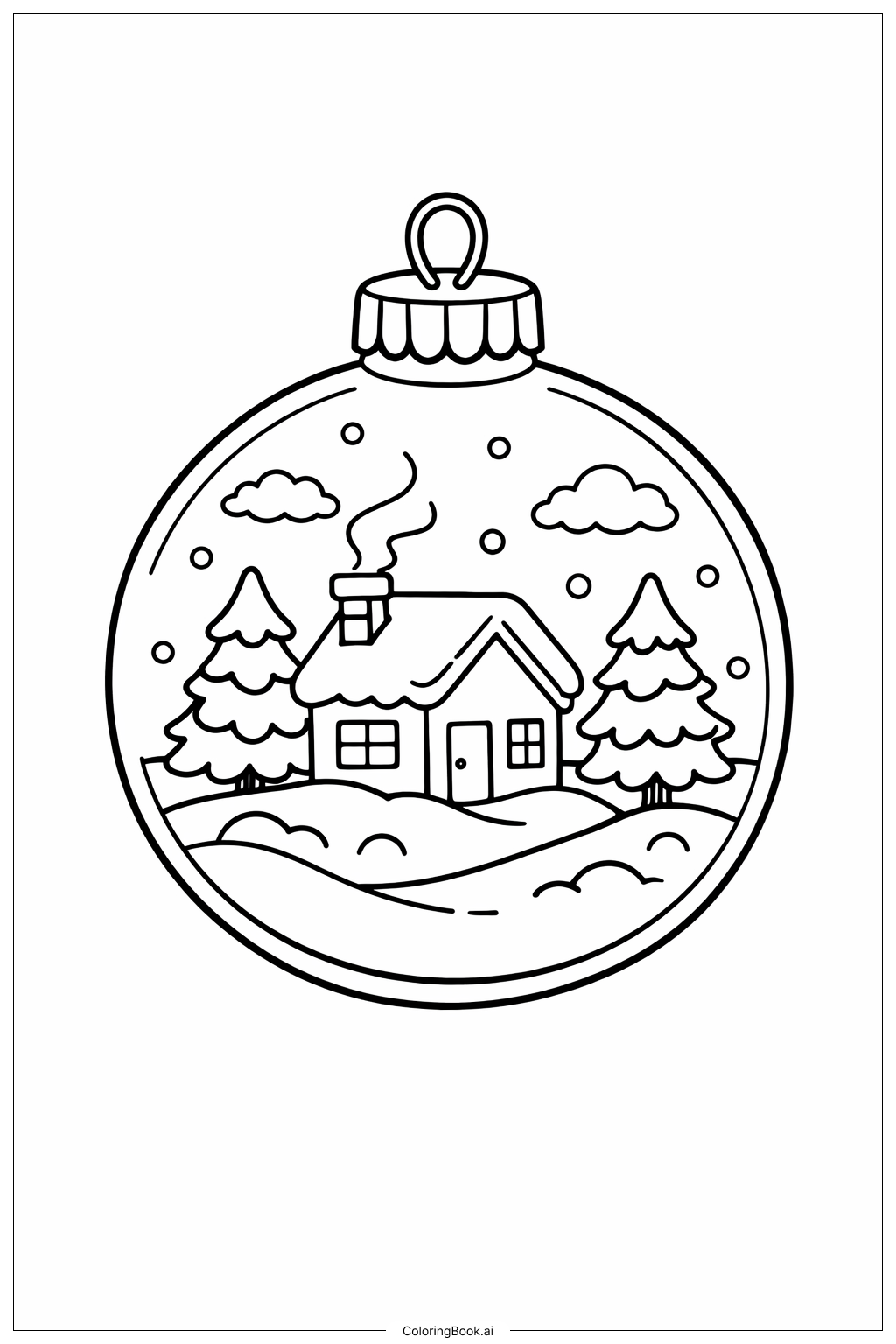 Page de coloriage Scène de boule à neige en forme d'ornement de Noël