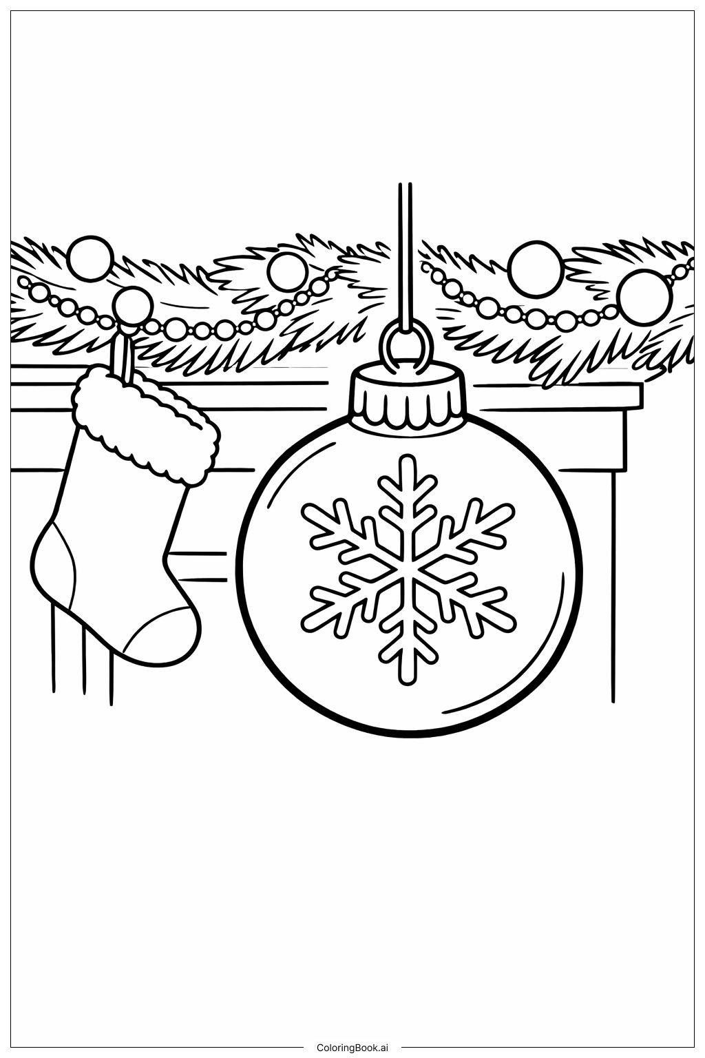 Page de coloriage Chaussette de Noël, Ornement et Guirlande