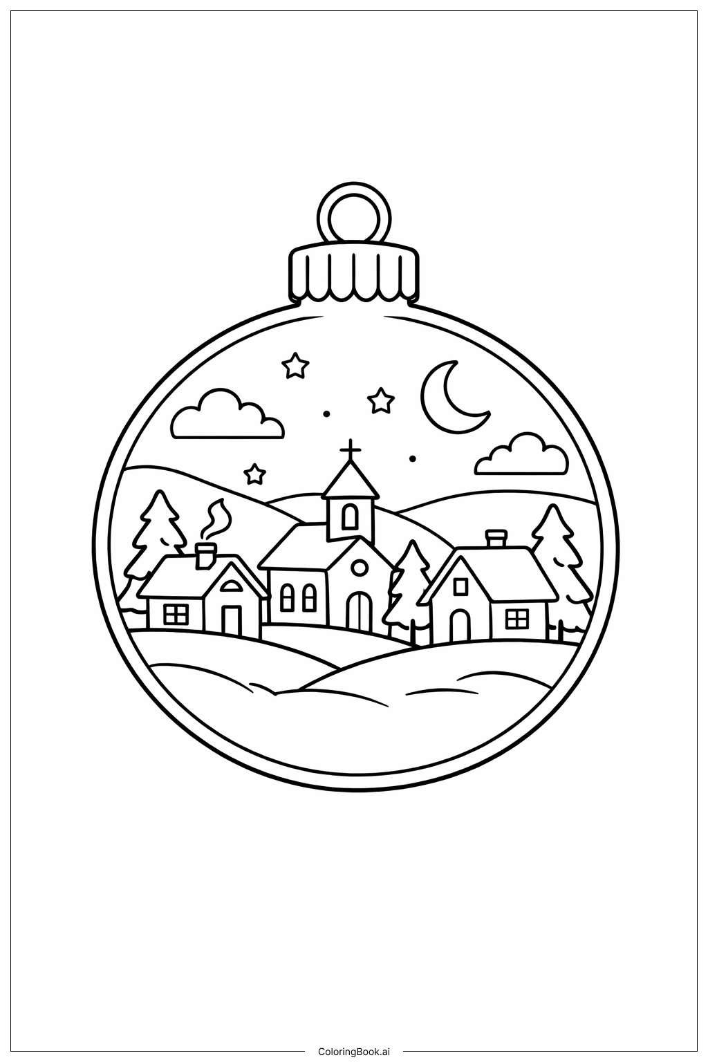 Page de coloriage Village Skyline en boule de Noël