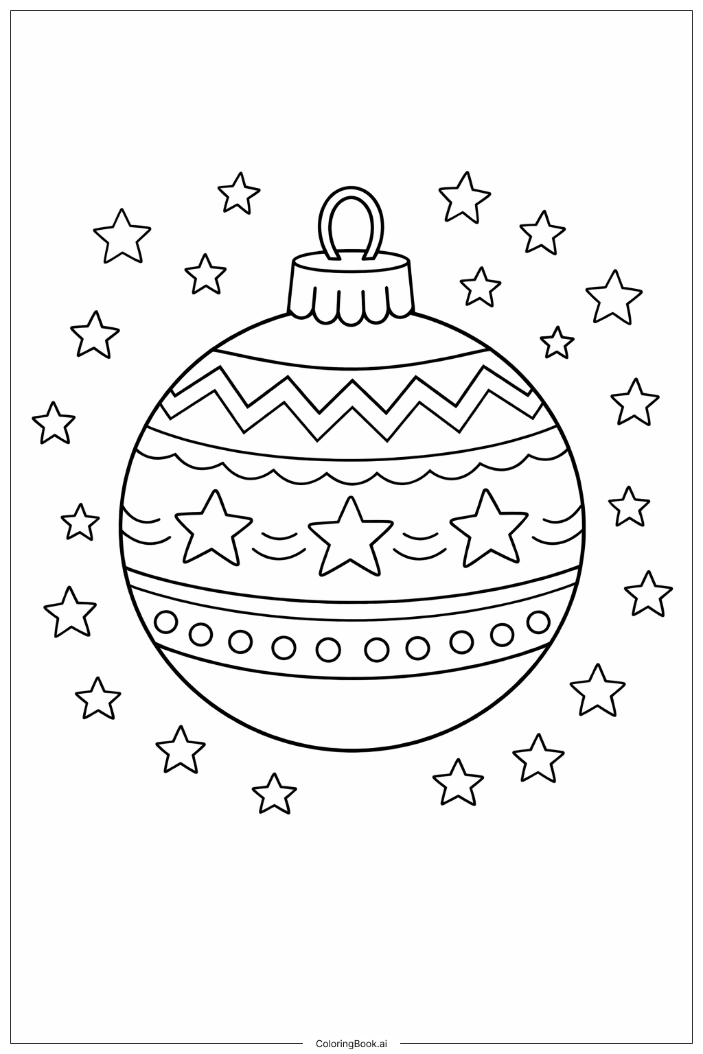 Page de coloriage Ornement de Noël avec fond d'étoiles