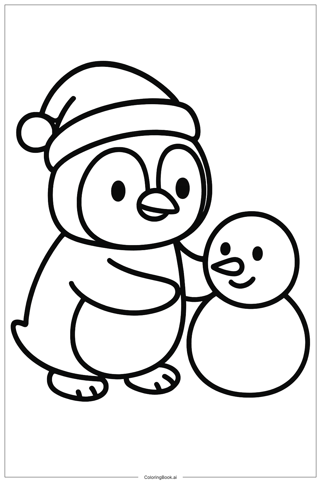  Weihnachtspinguin baut Schneemann Ausmalseite 