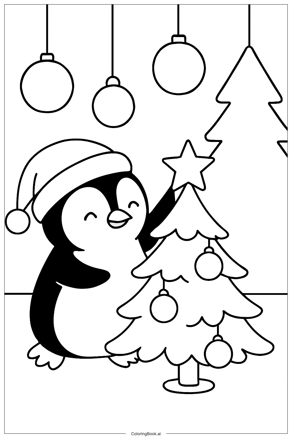  Weihnachtspinguin schmückt Baum Ausmalseite 