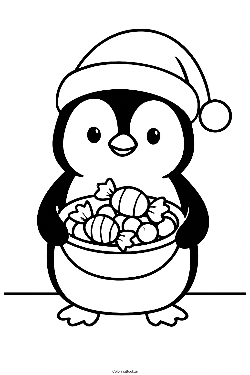  Trang tô màu Chim cánh cụt Giáng Sinh cầm bát kẹo 