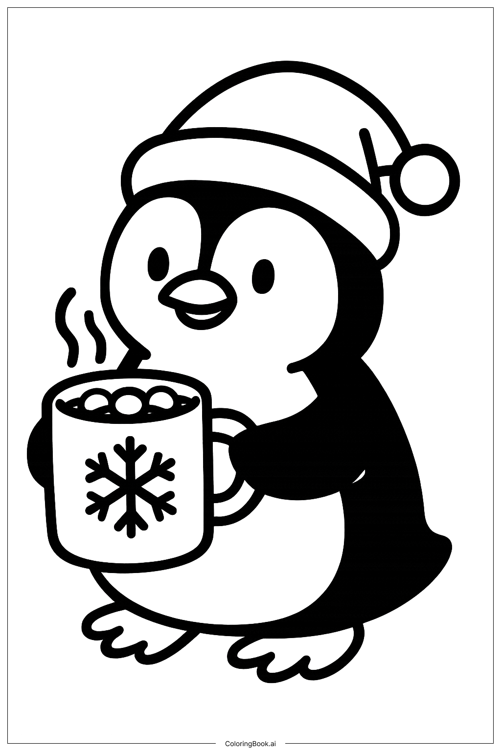  Weihnachtspinguin mit heißer Schokolade Ausmalseite 
